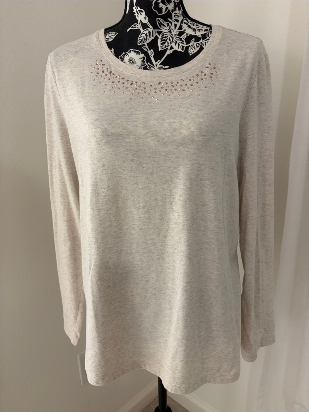 Studio Works Cream Long Sleeve Crew Top with Stud Accents